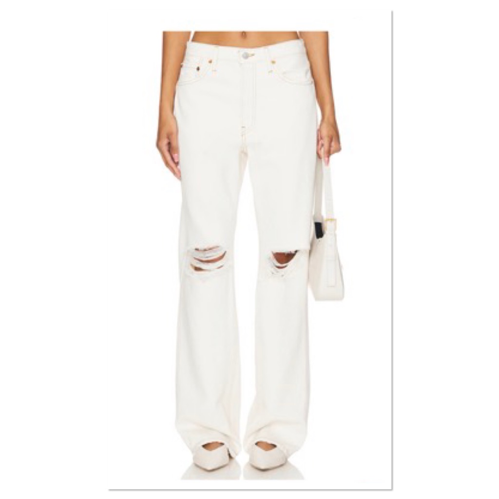 Re/Done Relaxed Long Wide Leg Jeans In Vintage White Destroy Sz 28 100% Cotton